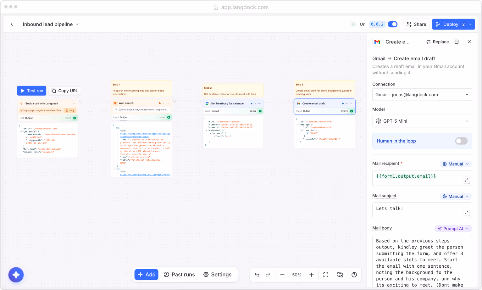 Screenshot of an inbound lead pipeline workflow in a web app showing steps for booking a call with Langdock, including web search, calendar availability check, and email draft creation with GPT-5 Mini model.