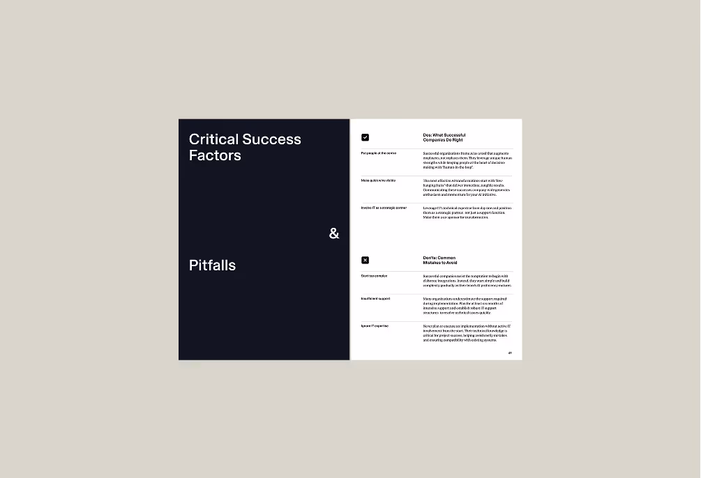 Graphic titled Critical Success Factors & Pitfalls with text listing successful company practices and common mistakes to avoid.